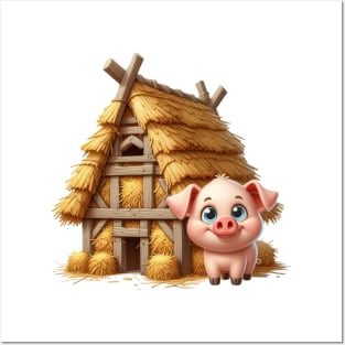 Cute Little Piggy in a house made of straw Posters and Art